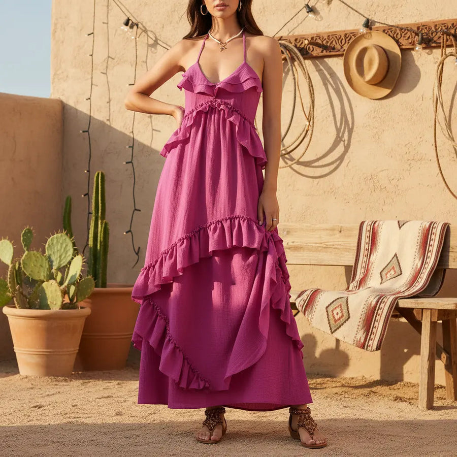 The Maison V Neck Backless Ruffle Layered Maxi Dress