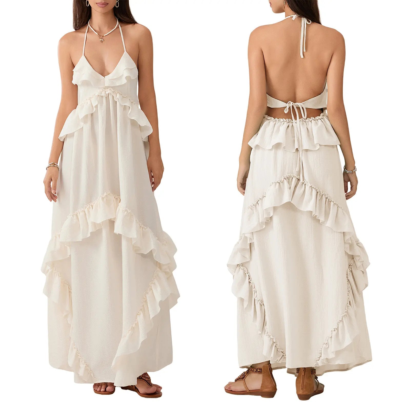The Elara V Neck Backless Ruffle Layered Maxi Dress