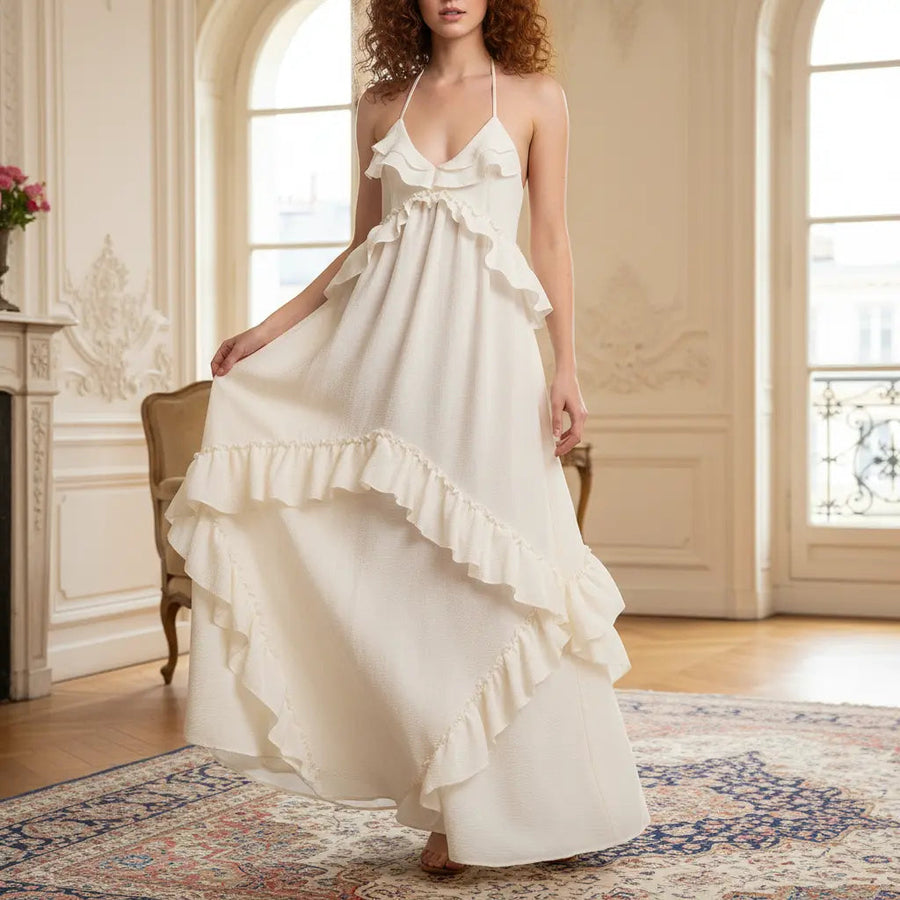 The Maison V Neck Backless Ruffle Layered Maxi Dress