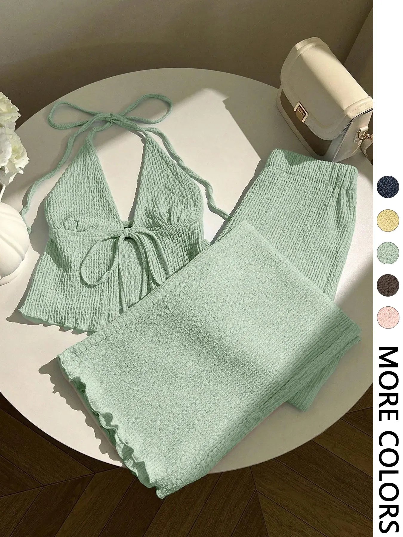 The Elara Crinkle Halter Wide-Leg Set