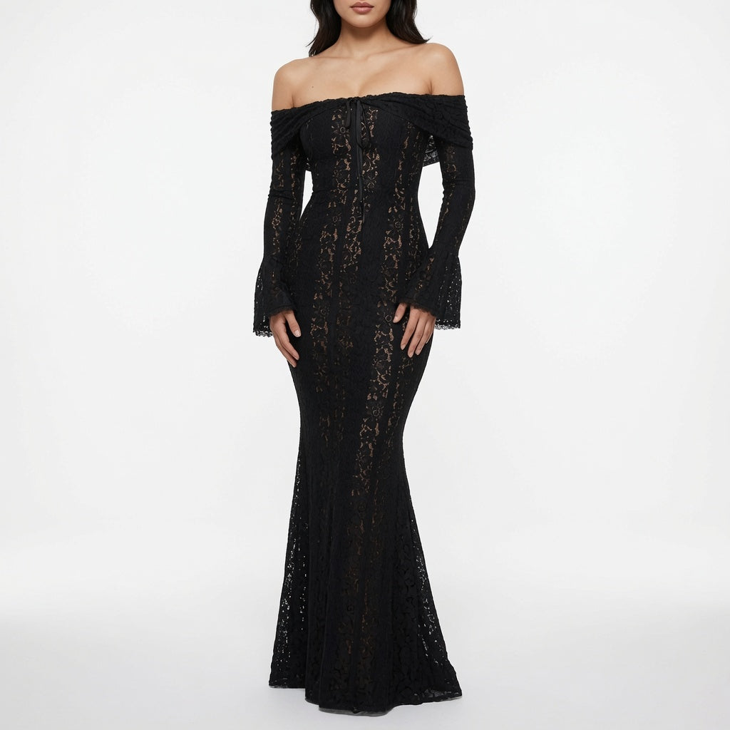 The Elara Lace Off Shoulder Maxi Dress