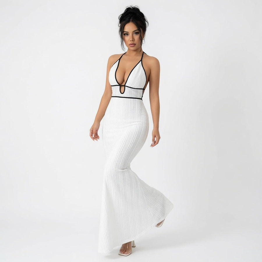 The Maison Contrast Trim Halter Backless Maxi Dress