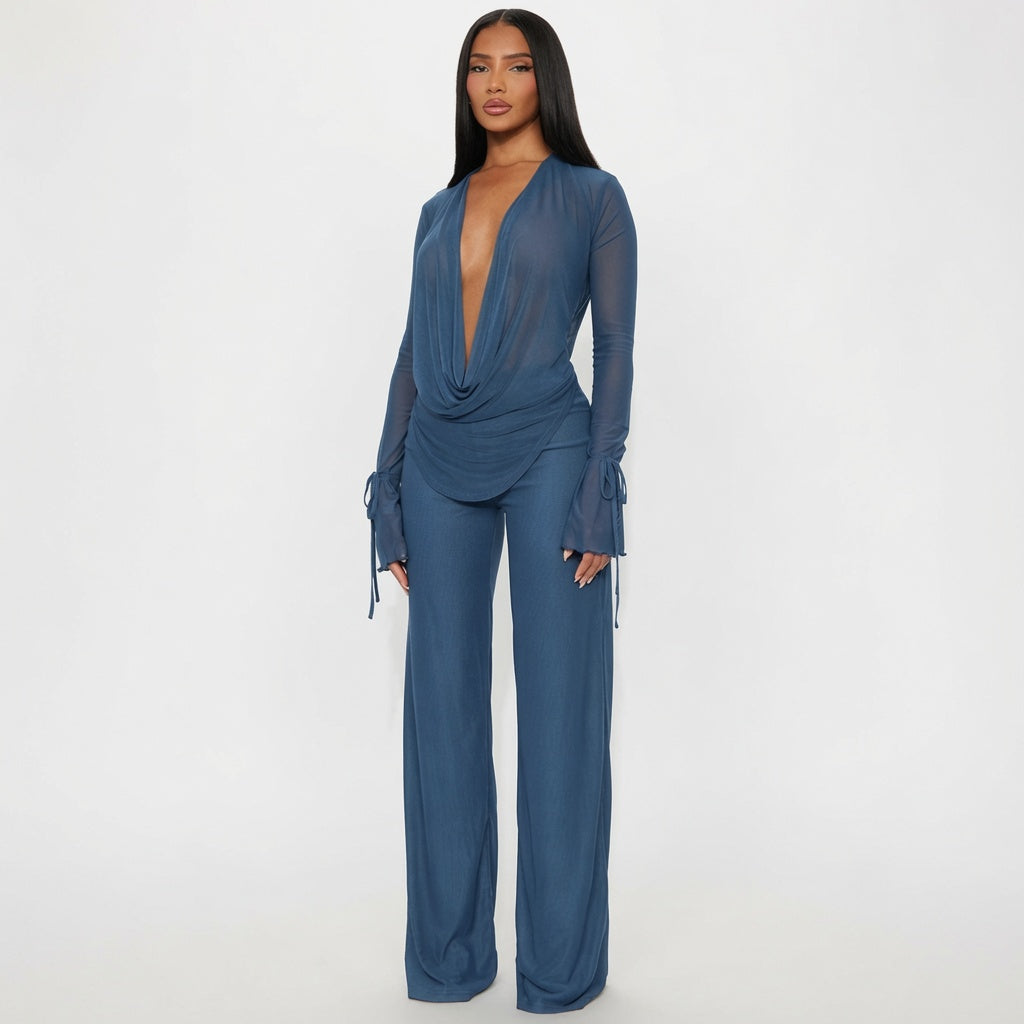 The Elara Sheer Draped Mesh Two-Piece Set