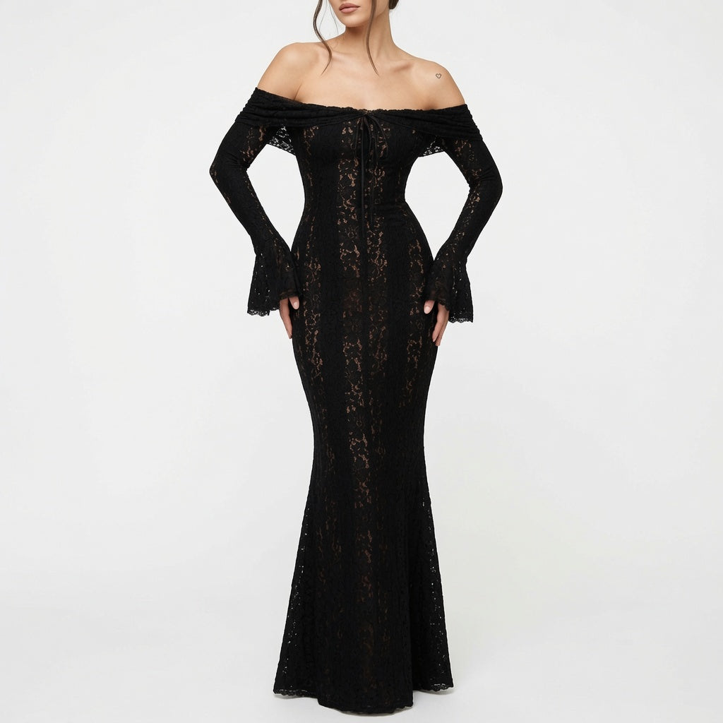 The Elara Lace Off Shoulder Maxi Dress