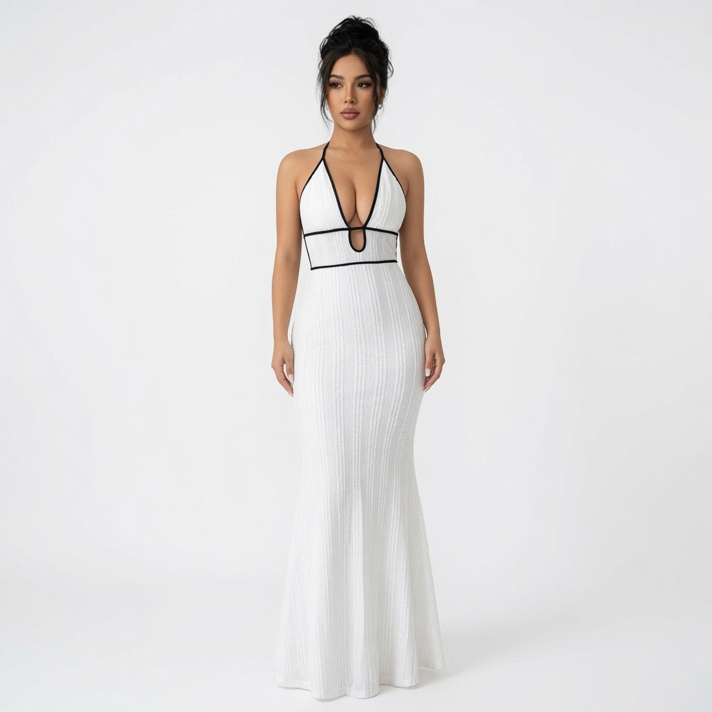 The Elara Contrast Trim Halter Backless Maxi Dress
