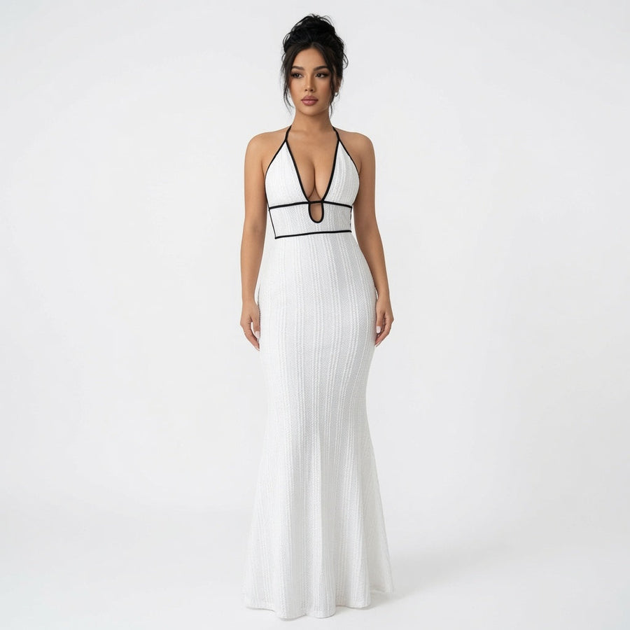 The Maison Contrast Trim Halter Backless Maxi Dress