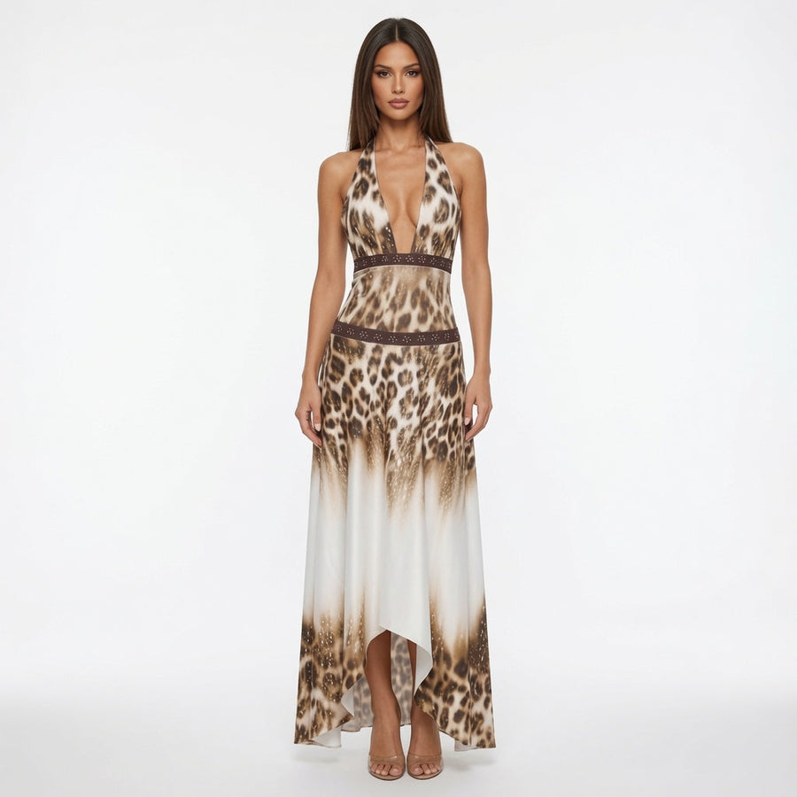 The Maison Leopard Halter Backless Maxi Dress
