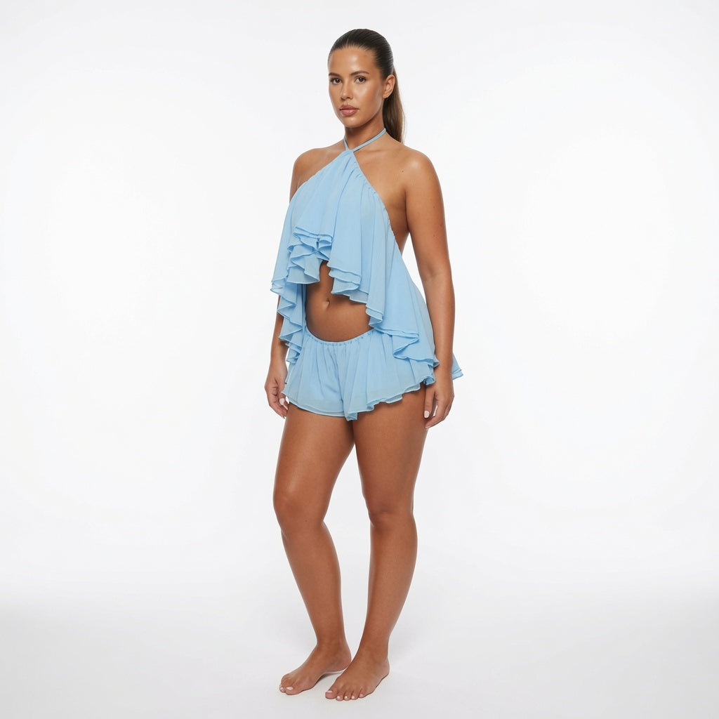 The Elara Azure Backless Ruffle Two Piece Set