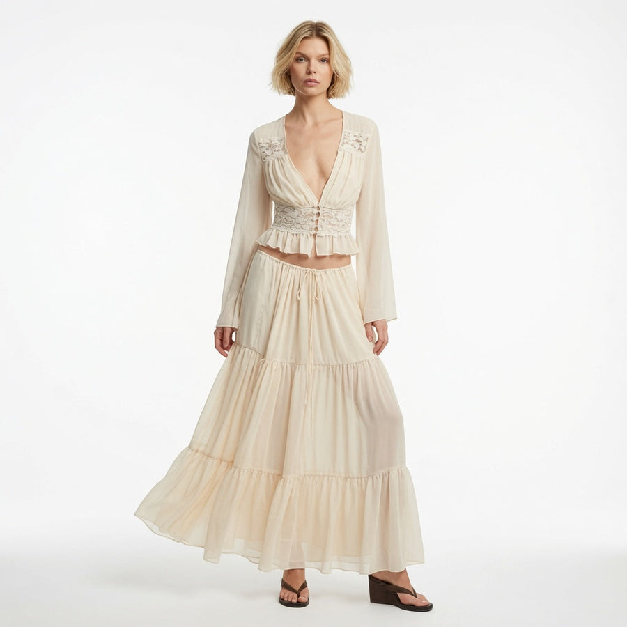 The Elara Lace Ruffle Chiffon Maxi Set
