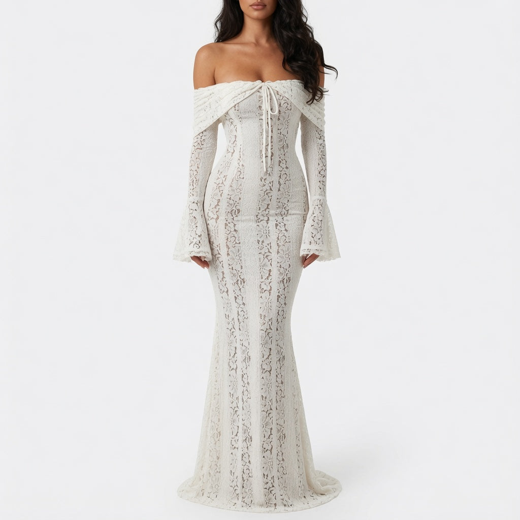 The Elara Lace Off Shoulder Maxi Dress