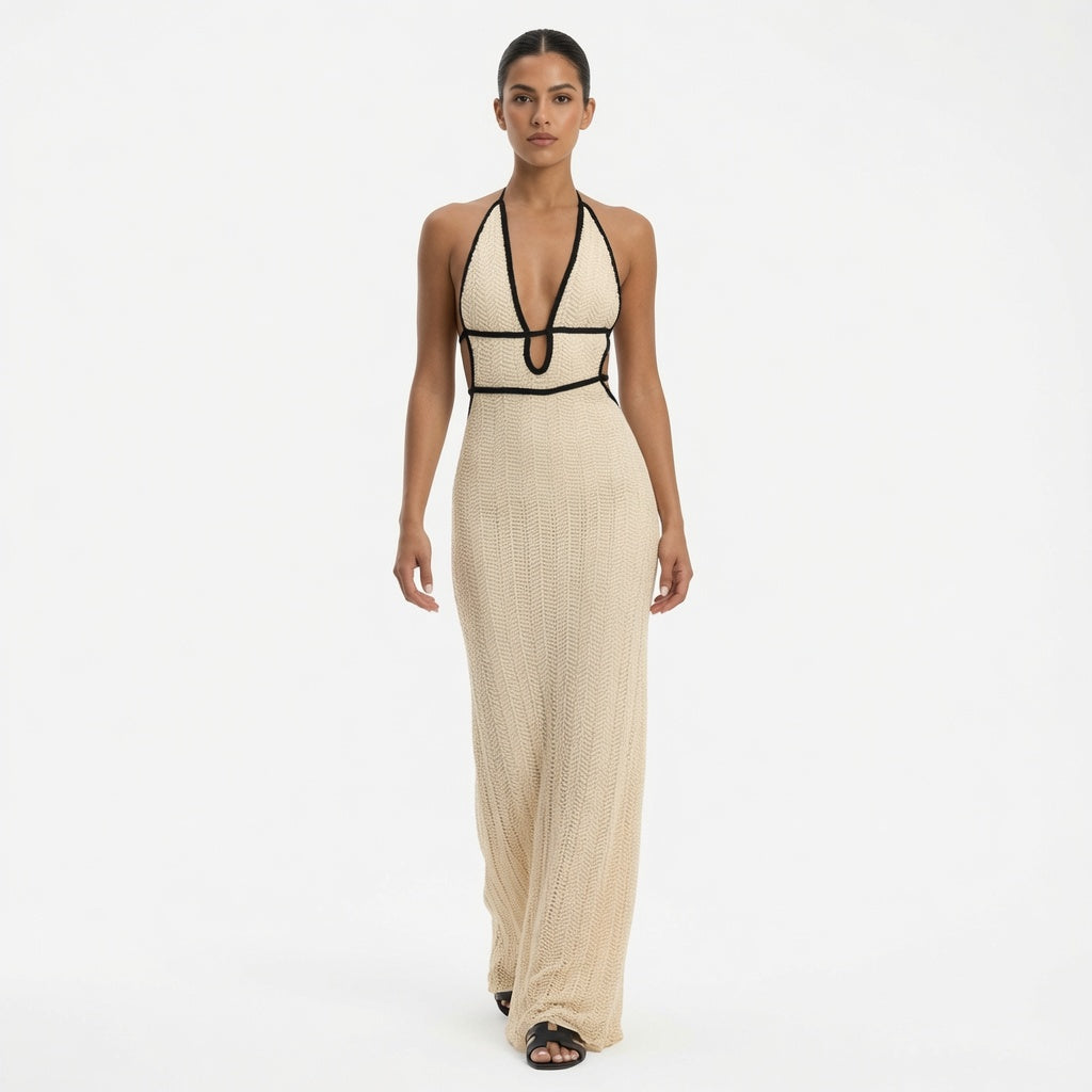 The Elara Contrast Trim Halter Backless Maxi Dress