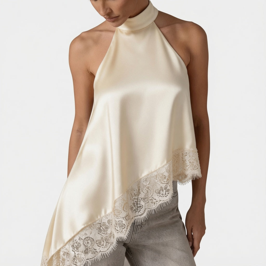 The Elara Satin Lace Halter Top