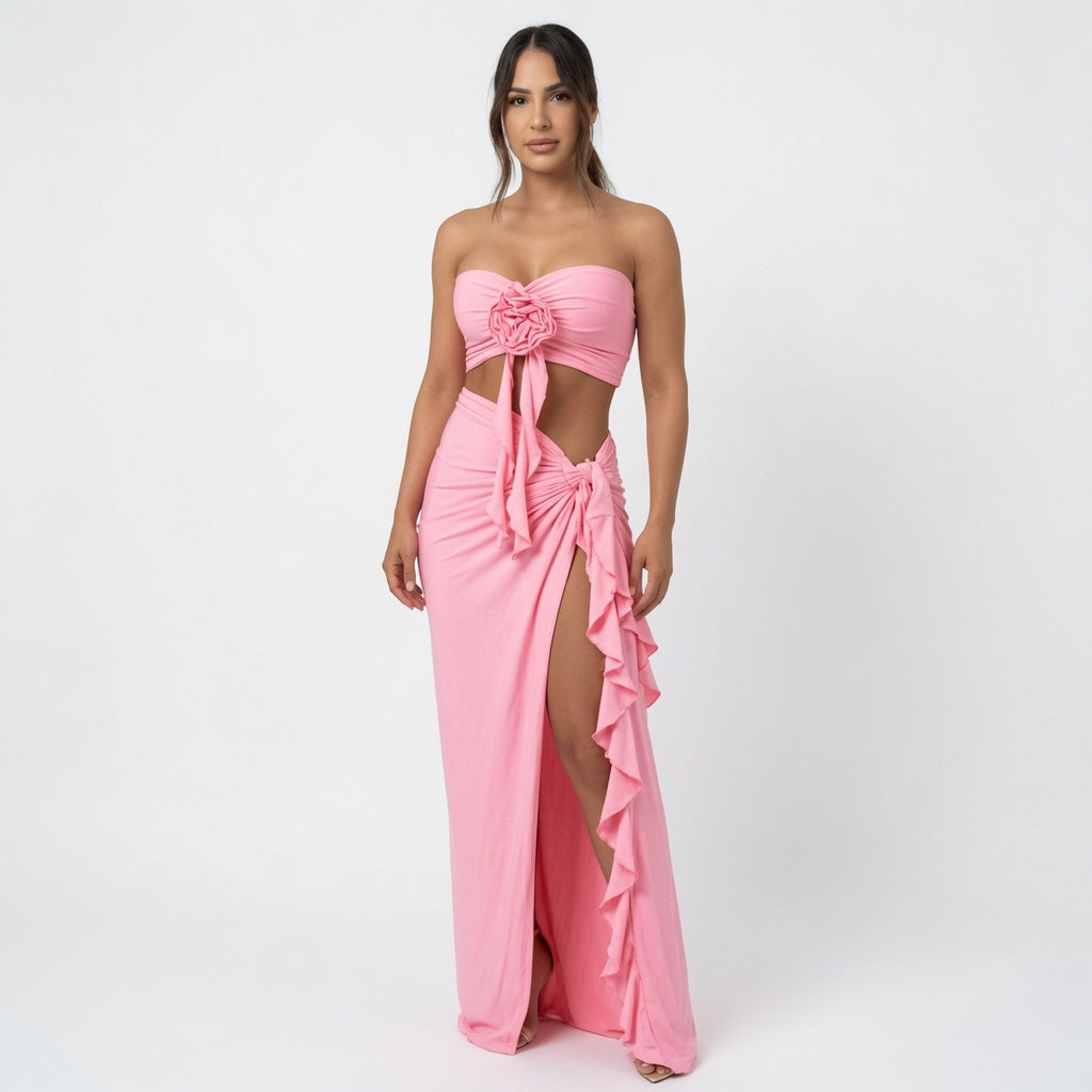 The Elara 3D Rose Strapless Maxi Set