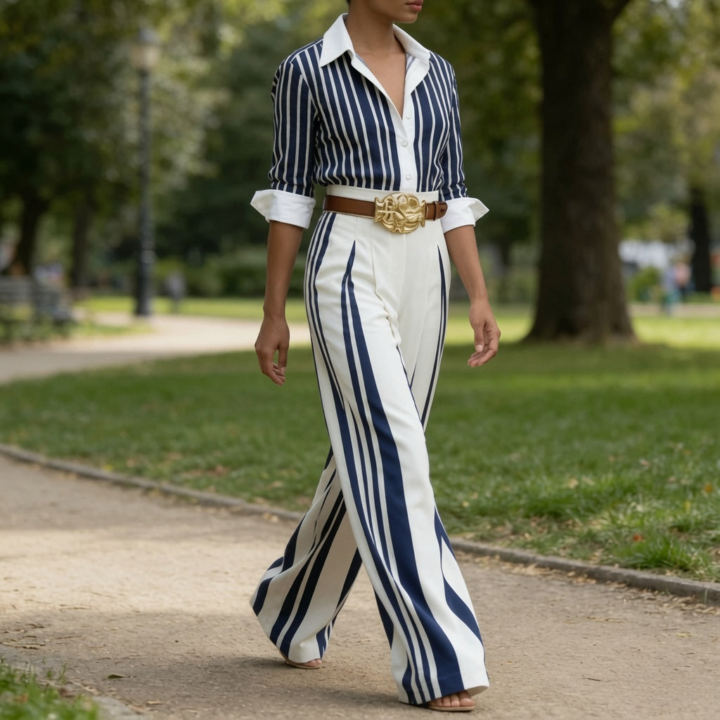 The Elara Old Money Striped Blouse & Palazzo Set