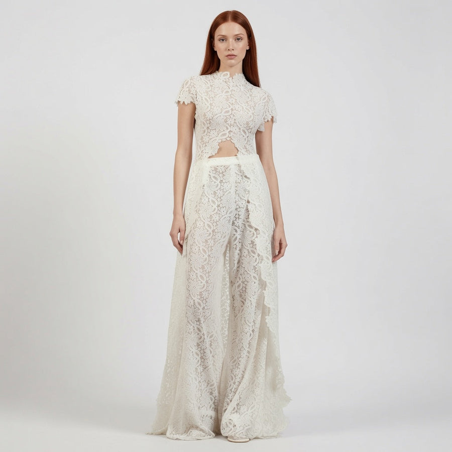 The Elara High Neck Lace Cutout Flowy Set